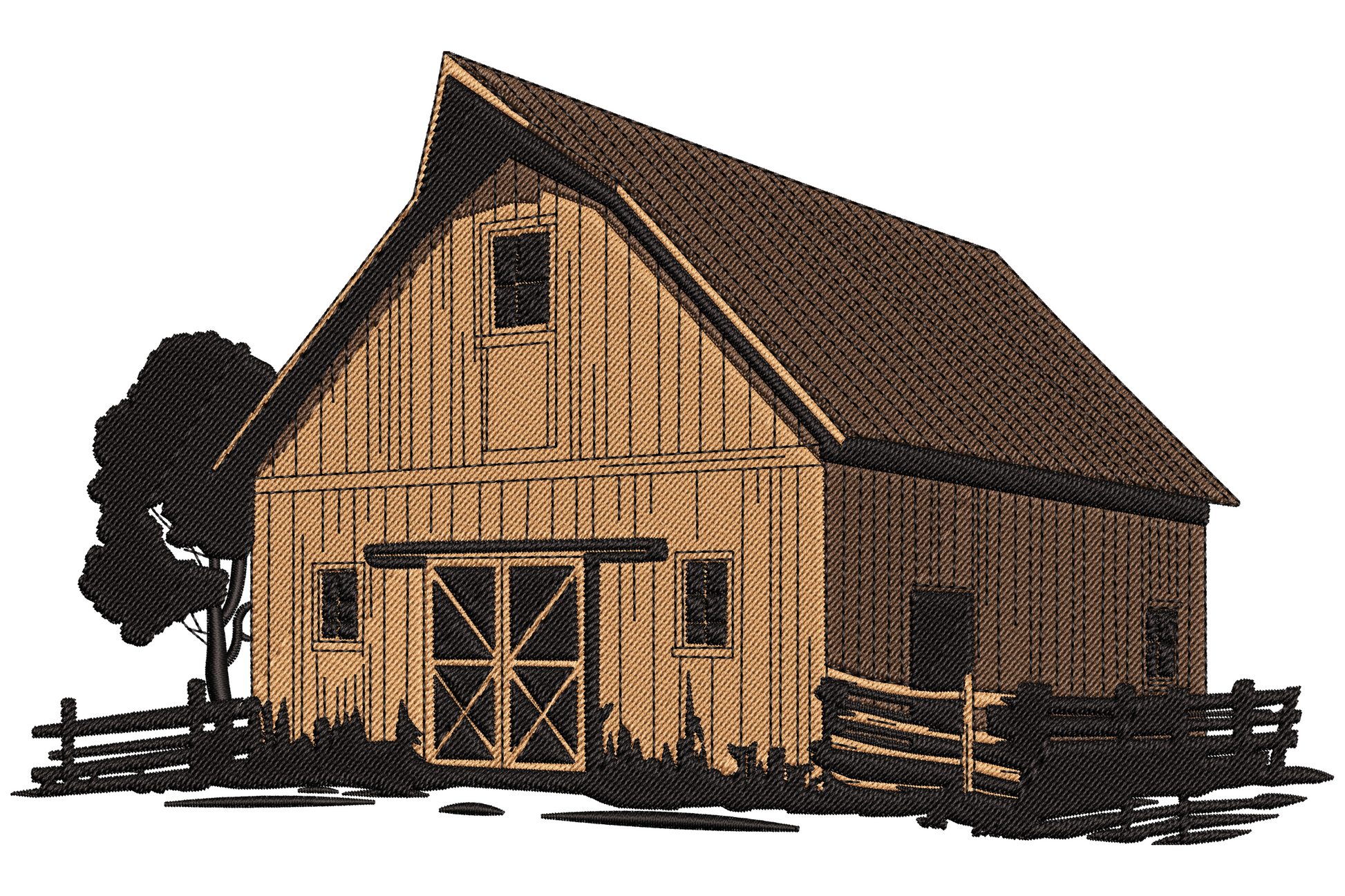 Rustic barn embroidery in warm tan with gambrel roof, X-brace sliding doors, silhouette tree and split-rail fence, engraving illustration style.