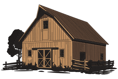 Rustic barn embroidery in warm tan with gambrel roof, X-brace sliding doors, silhouette tree and split-rail fence, engraving illustration style.