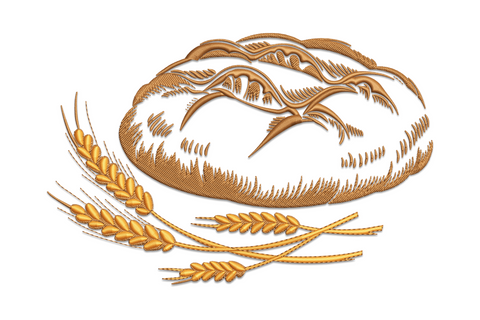 Rustic bread loaf and wheat stalks machine embroidery design, three warm earth tone colours, farmhouse kitchen embroidery pattern