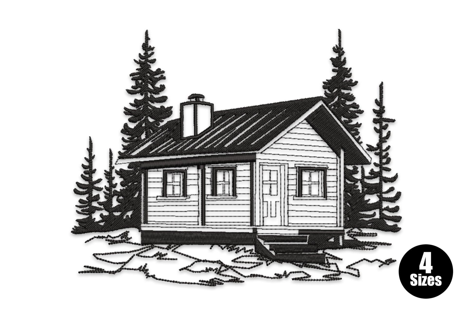 Rustic log cabin embroidery with pine trees and distant mountains, smoke from chimney, in warm brown and forest green thread.