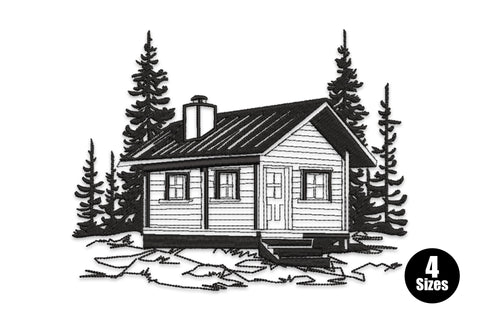 Rustic log cabin embroidery with pine trees and distant mountains, smoke from chimney, in warm brown and forest green thread.