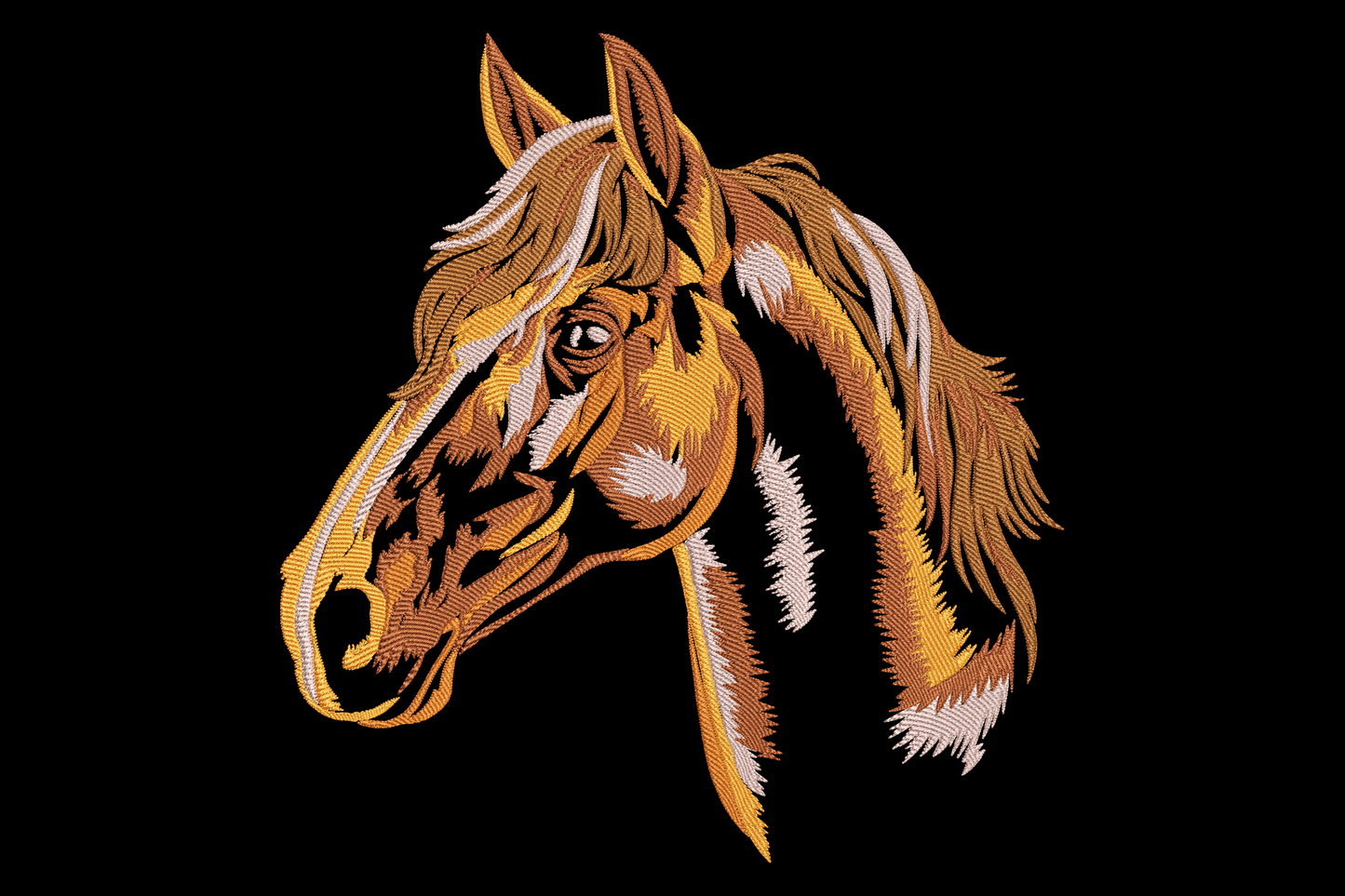Rustic country horse embroidery design, chestnut horse head portrait with golden amber coat and engraving-style directional mane stitching.