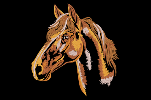 Rustic country horse embroidery design, chestnut horse head portrait with golden amber coat and engraving-style directional mane stitching.