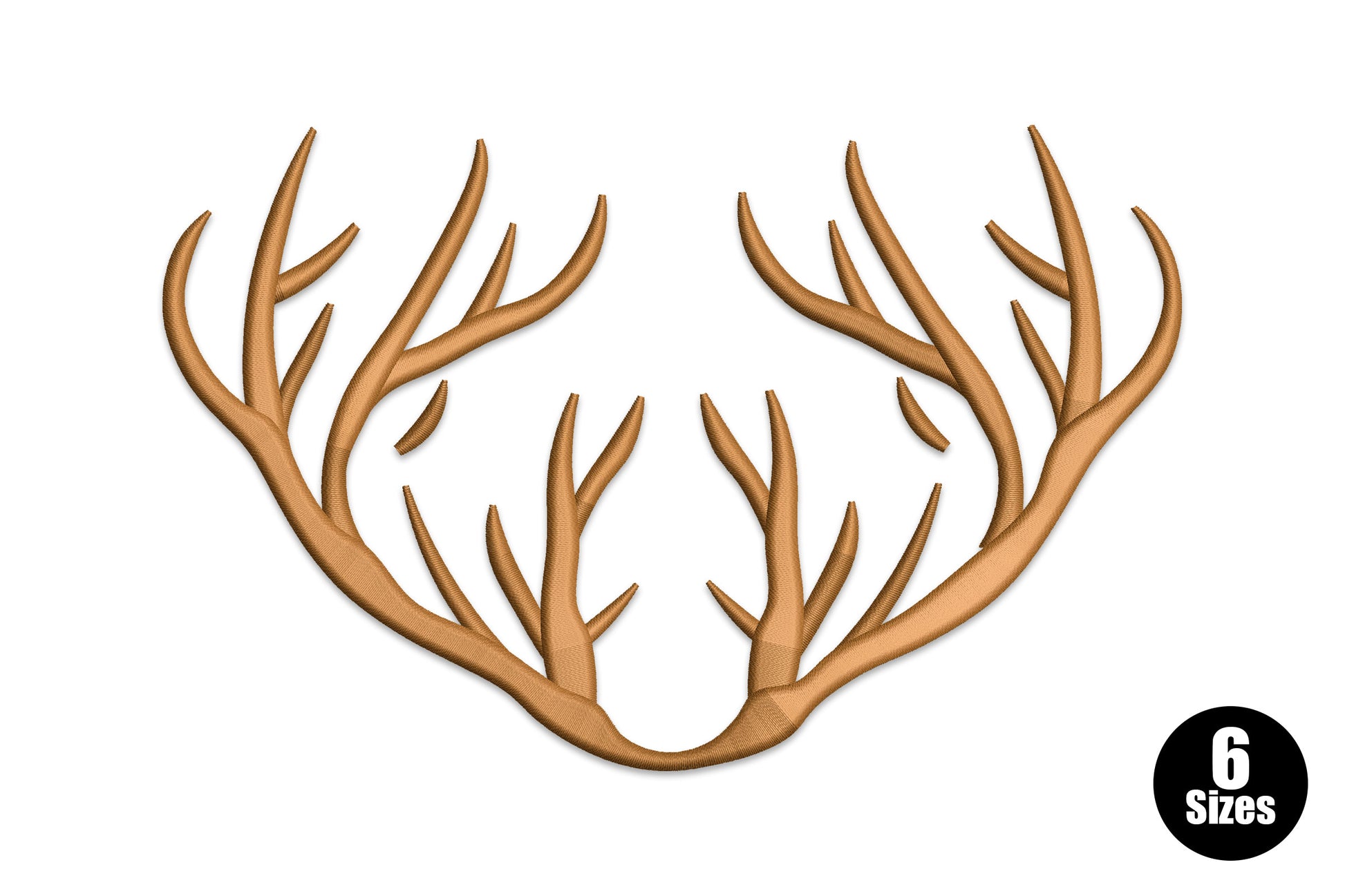 Rustic deer antlers embroidery, symmetrical rack with branching tines in warm brown, wide low silhouette, no deer head.