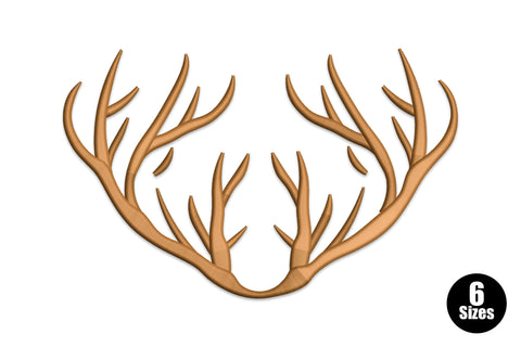 Rustic deer antlers embroidery, symmetrical rack with branching tines in warm brown, wide low silhouette, no deer head.