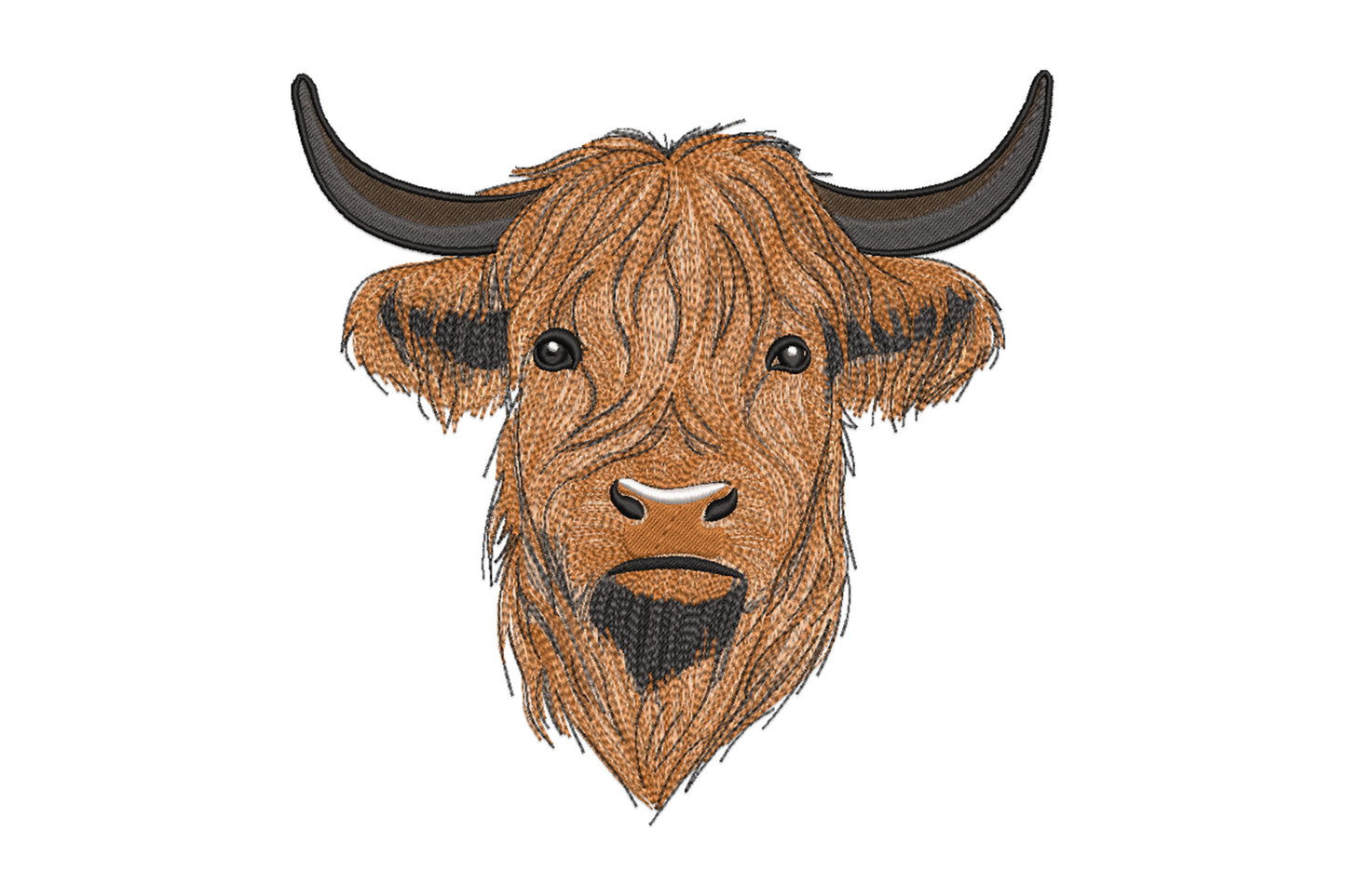 Rustic longhorn cattle head embroidery with wide curved horns, shaggy directional fur in rust amber and charcoal, bold front-facing portrait.