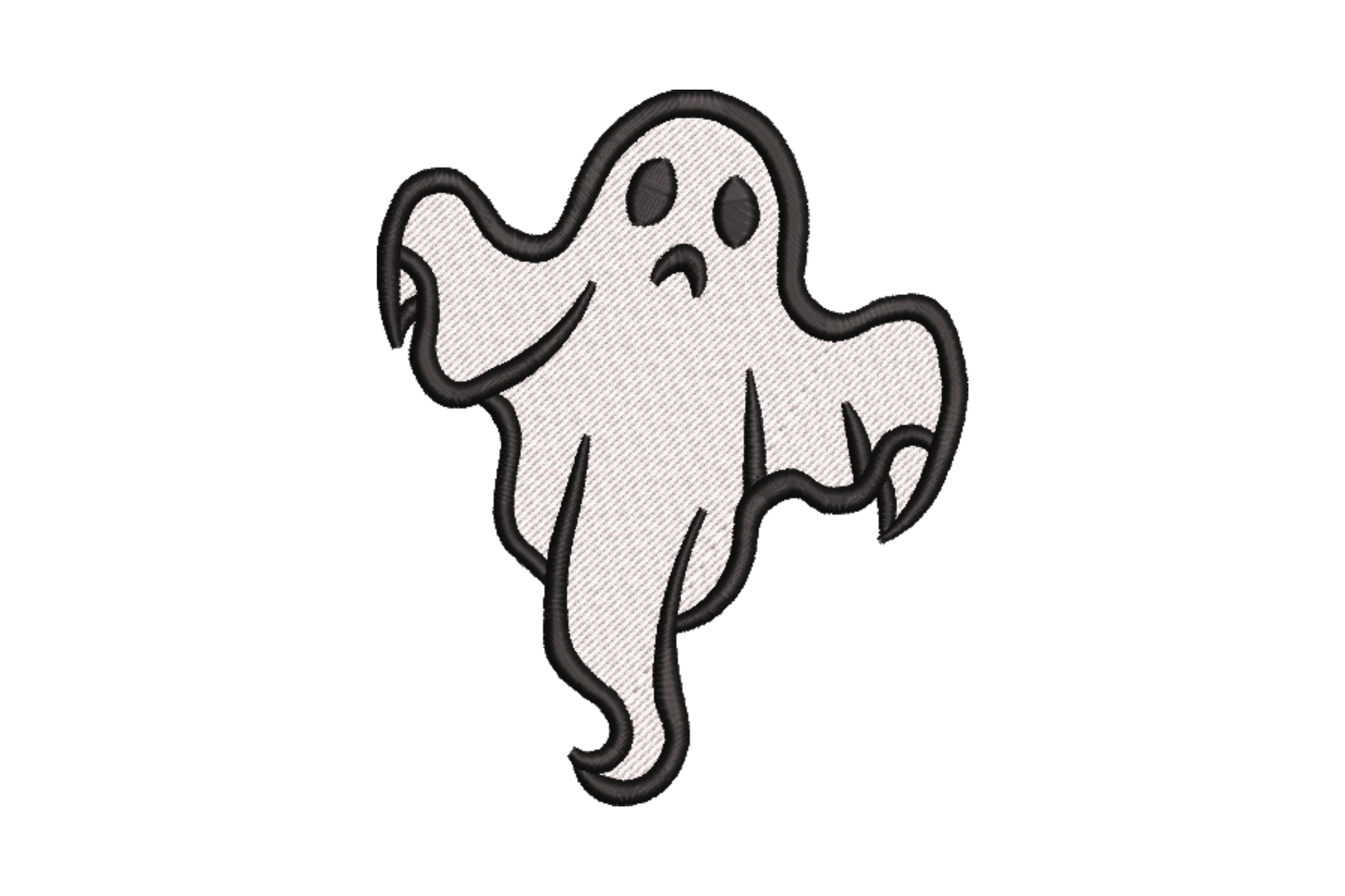Sad ghost Halloween embroidery, white droopy ghost with frown, worried oval eyes, lopsided body, black outline.