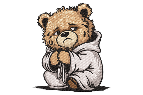 Sad cartoon teddy bear embroidery design sitting on the floor hugging his knees in an oversized fluffy white hooded bath robe with a pouty face.