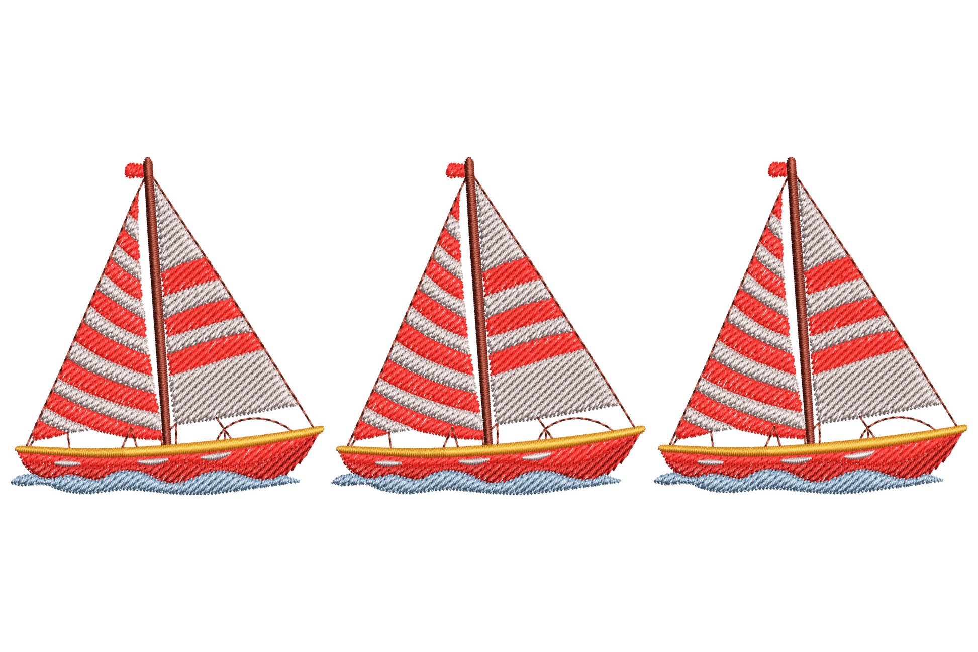 Three sailboats in a horizontal row embroidery with red and white striped sails, tan wooden hulls and aqua water ripples.