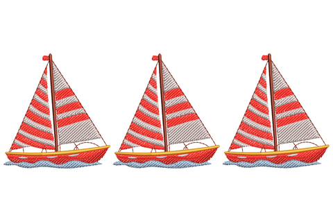 Three sailboats in a horizontal row embroidery with red and white striped sails, tan wooden hulls and aqua water ripples.