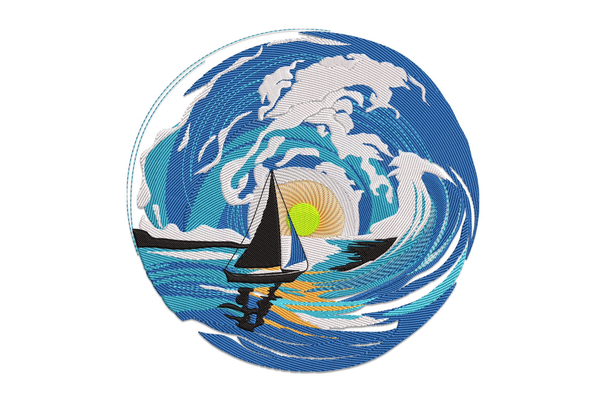 Nautical sailboat embroidery, circular badge, black silhouette, layered blue wave and yellow-green sun.