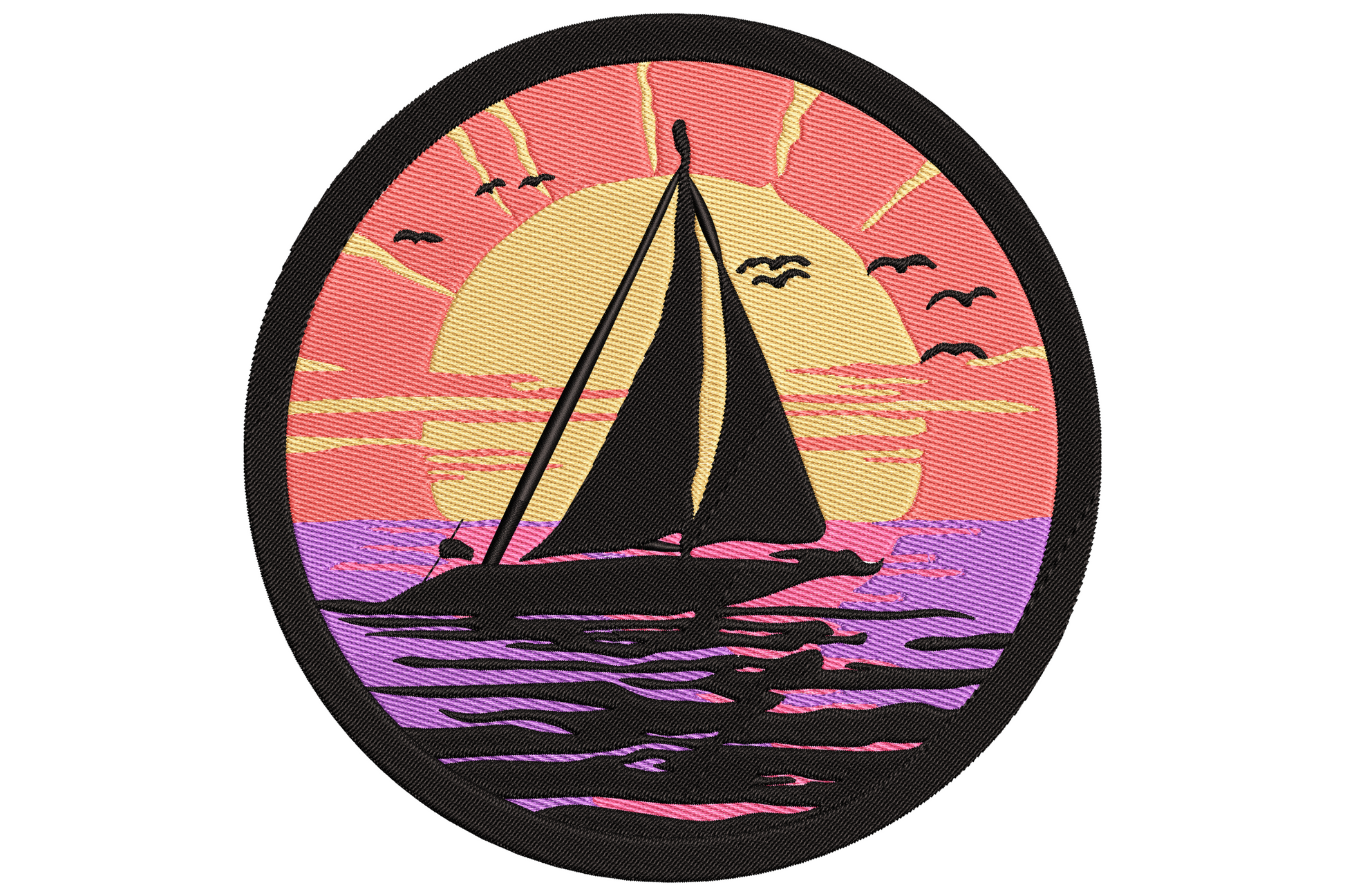 Round patch sailing boat sunset embroidery, black silhouette boat against coral pink sky, yellow sun, violet sea waves