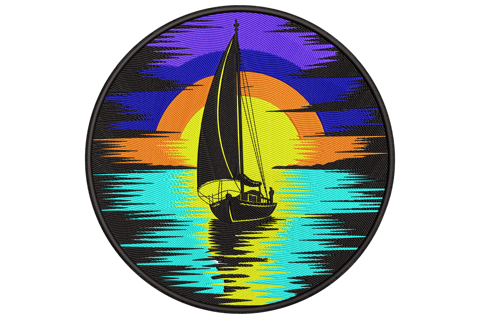 Sailing boat sunset embroidery in a circular black badge, deep purple sky, orange sun, turquoise water reflections beneath.
