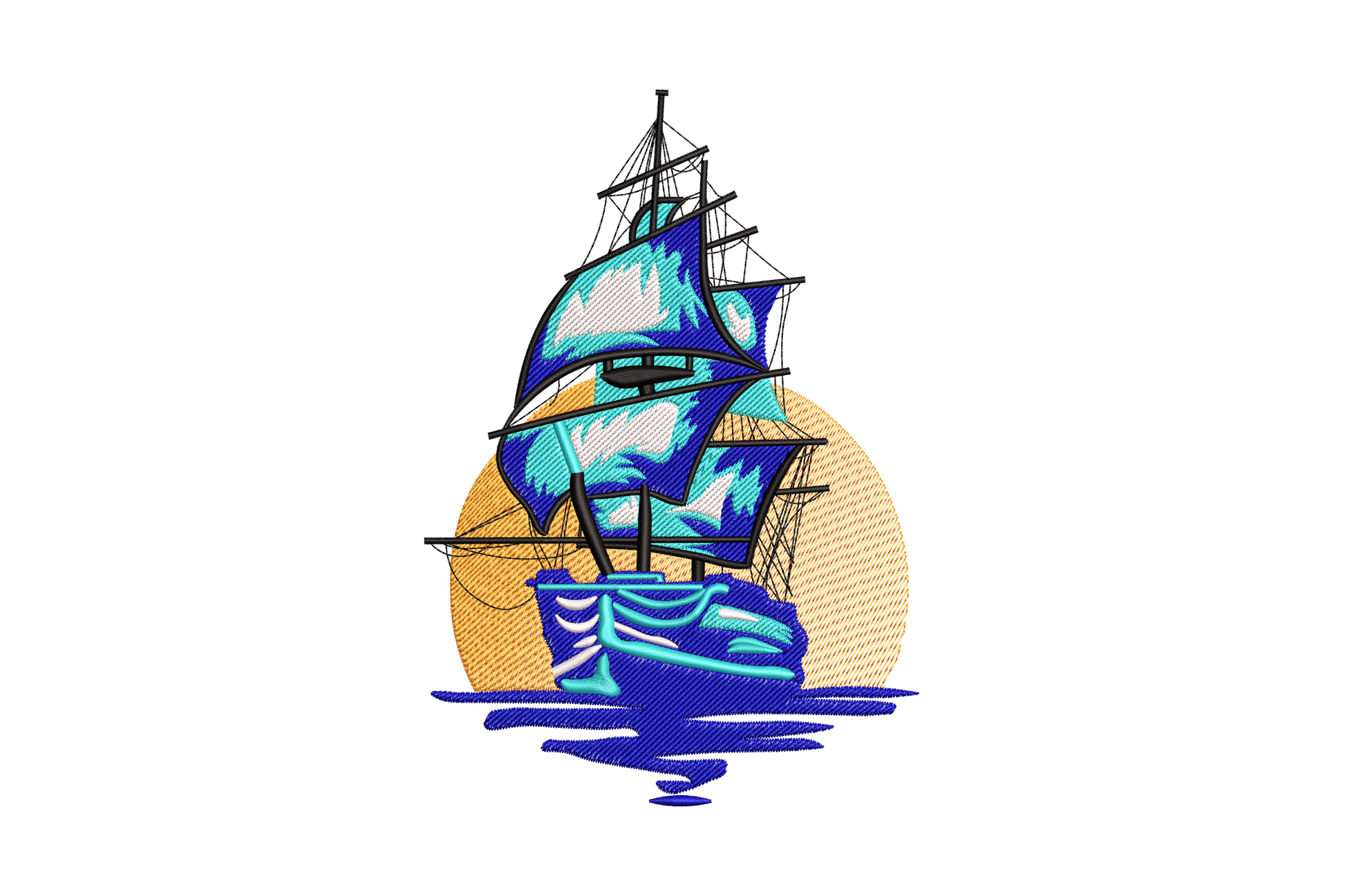Classic tall sailing ship at sunset, warm amber and navy sky, stylised ocean waves, vintage nautical embroidery design.