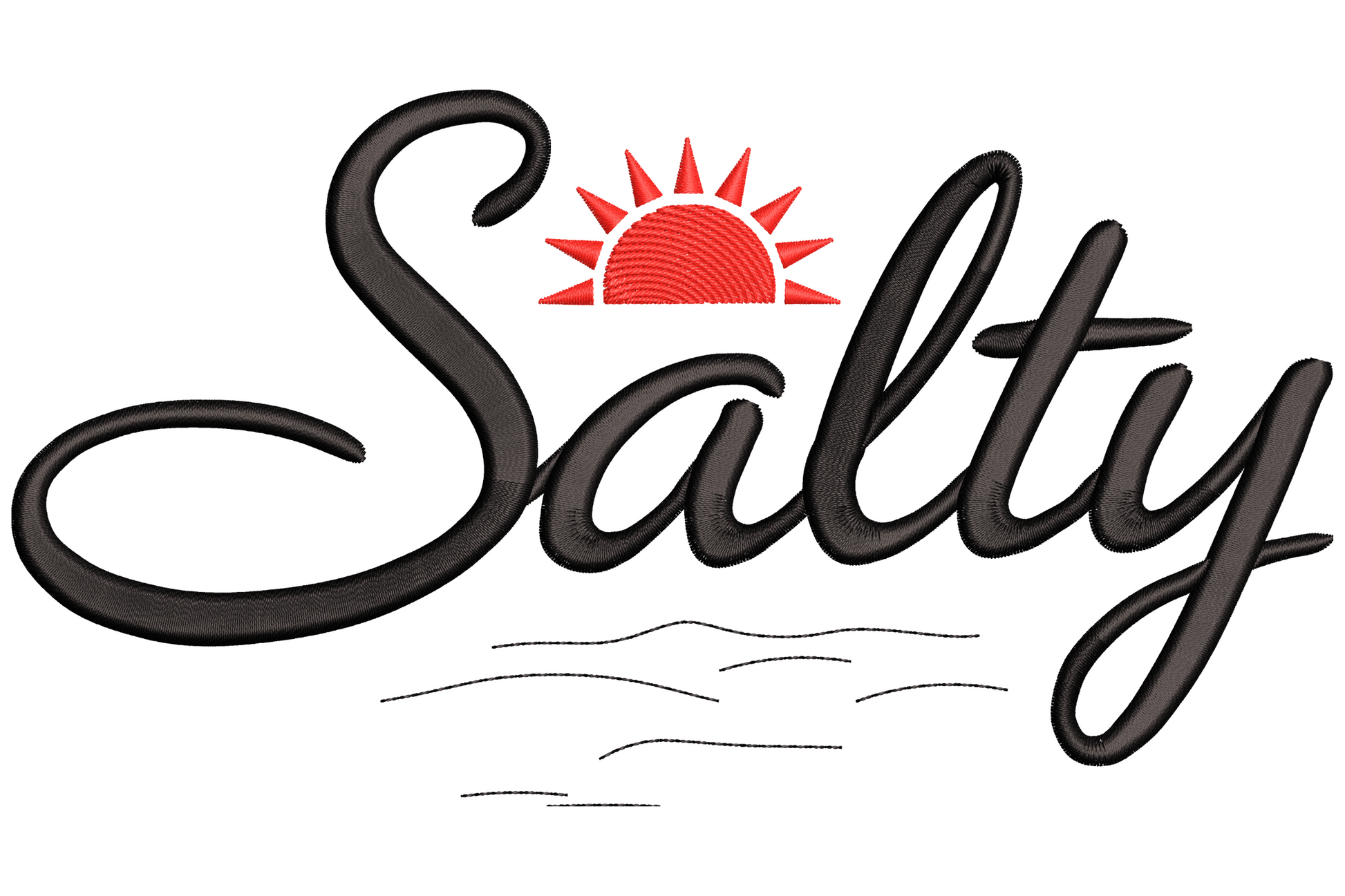 Salty hair dont care quote embroidery design with loose bouncy marker script in dusty navy, two small wave doodles in sandy gold underneath, two lines of text, coastal beach style.