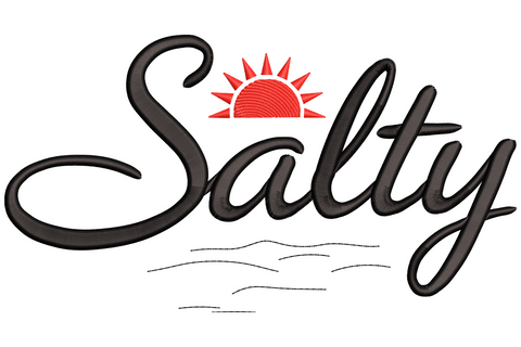 Salty hair dont care quote embroidery design with loose bouncy marker script in dusty navy, two small wave doodles in sandy gold underneath, two lines of text, coastal beach style.