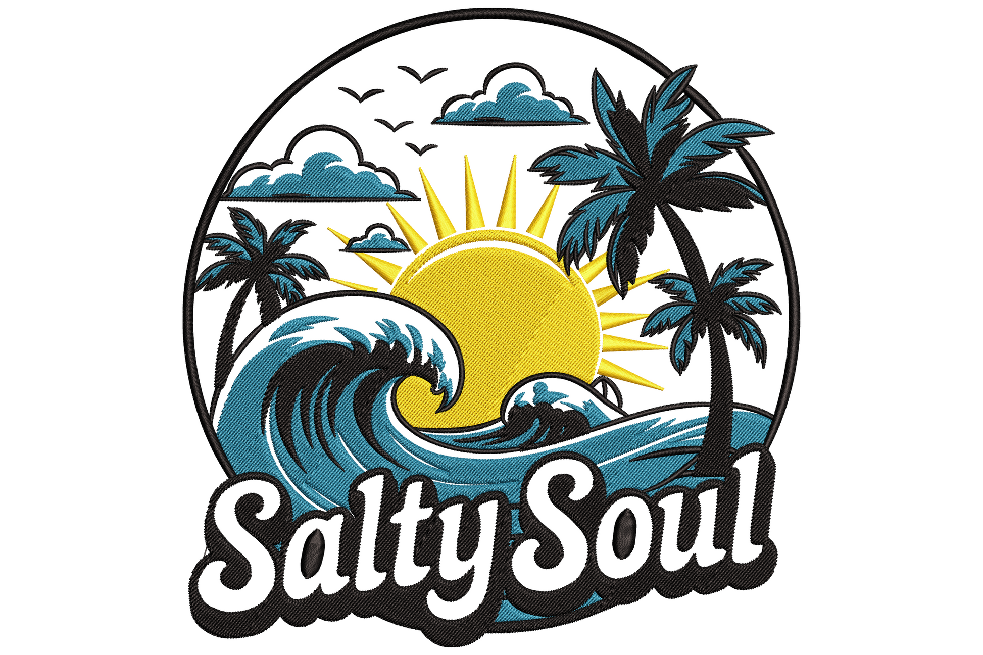 Salty Soul embroidery design with wavy block lettering in sandy tan and ocean blue on white fabric, beach quote style
