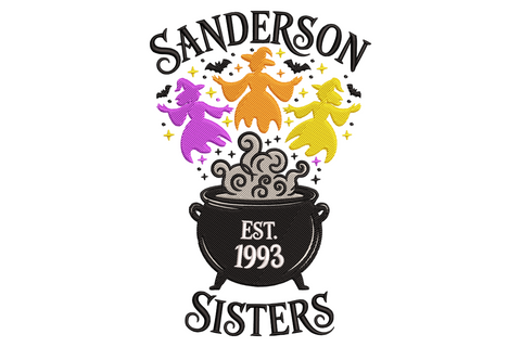 Sanderson sisters embroidery, three witch silhouettes purple orange yellow rising from a black cauldron with SANDERSON arched text bats and EST 1993