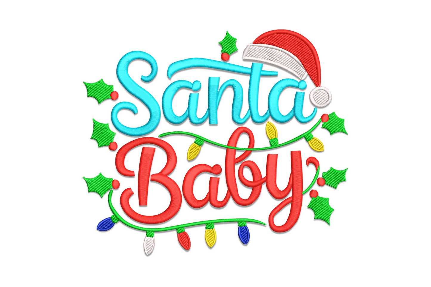 Santa Baby Christmas embroidery design with bold charcoal lettering and a red santa hat with white cuff and fluffy pom-pom sitting above the text.