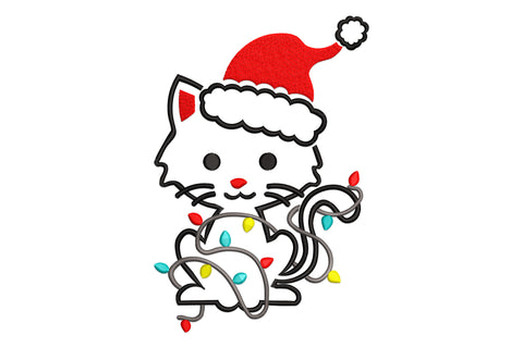 Santa cat embroidery design with fluffy round cat in red santa hat tangled in yellow and aqua christmas lights on grey wire, black outline style.