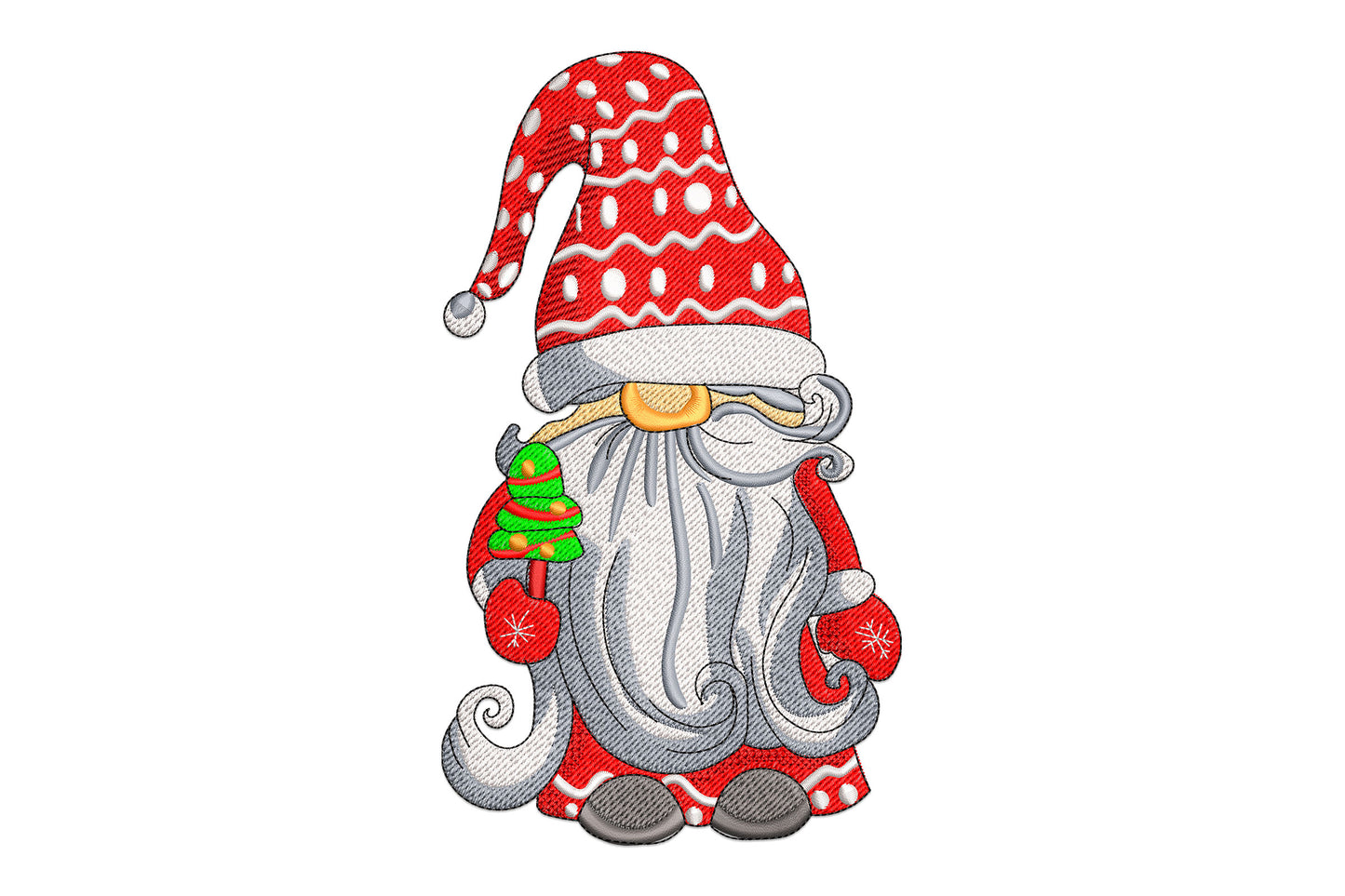 Santa gnome embroidery holding a small christmas tree, long curling grey-blue beard, red polka-dot patterned hat.