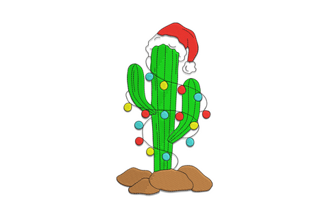Christmas cactus embroidery design showing a round green barrel cactus wearing a red Santa hat with white trim and pom-pom.