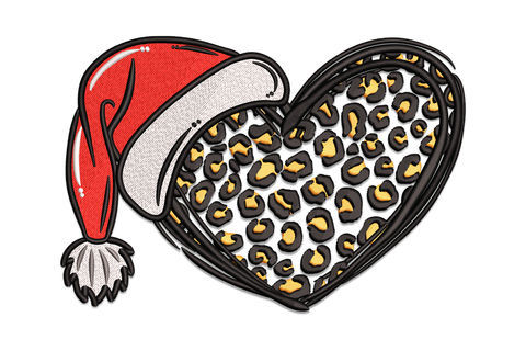 Santa hat leopard heart embroidery design with orange spots and red holiday hat in 5 colors