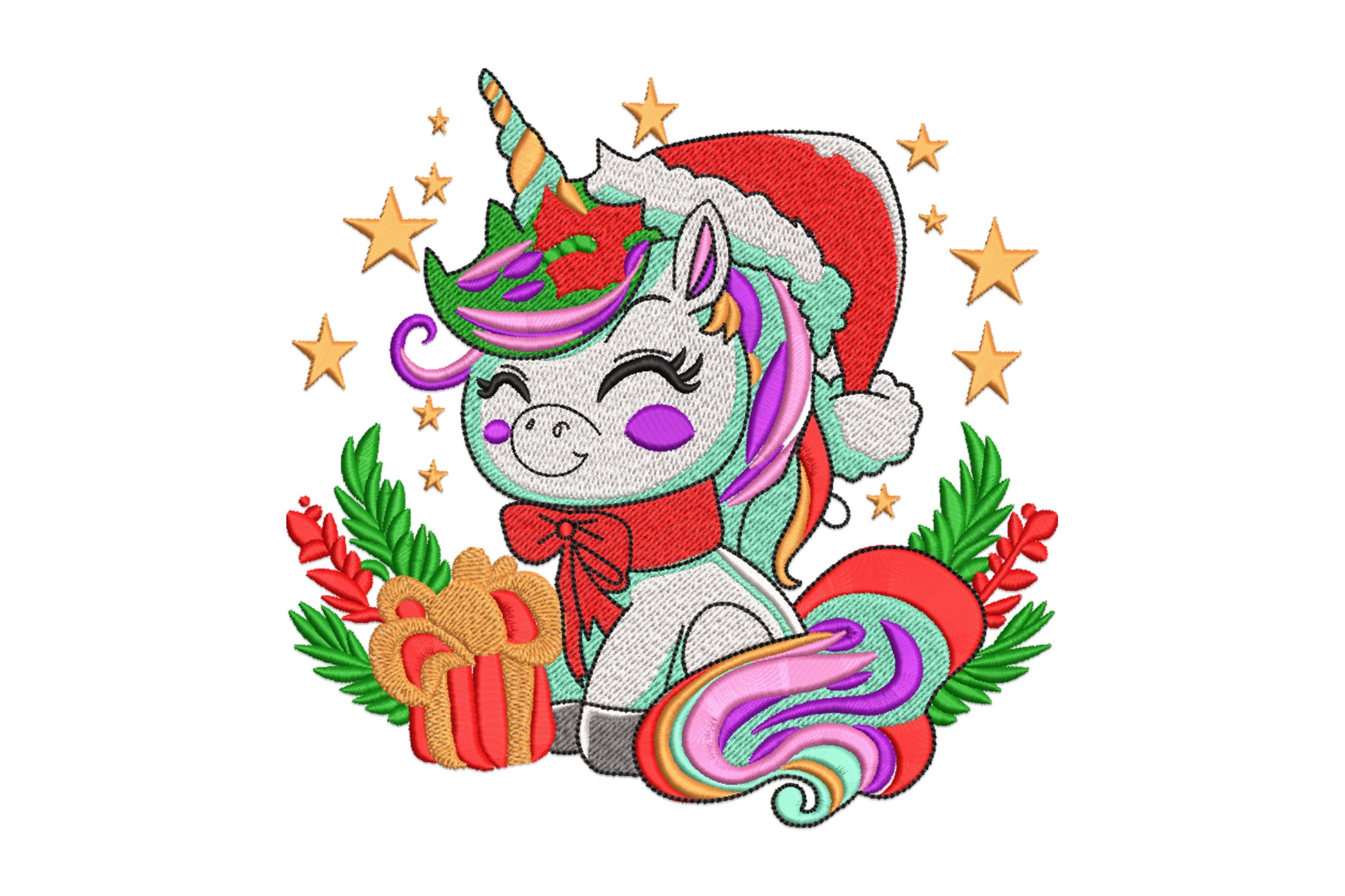 Santa hat unicorn embroidery design with multicolour swirling mane, orange gift, dark green holly wreath and ring of stars.