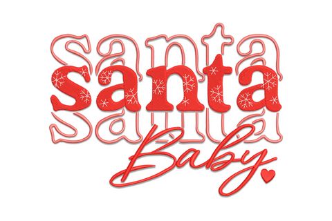 Santa Santa Baby christmas embroidery, stacked retro lettering with coral outline echo behind red santa, white snowflakes, cursive Baby script with heart.