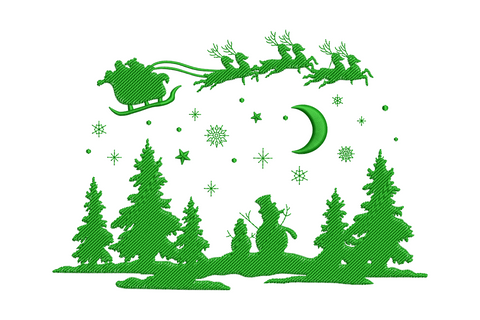 Santa sleigh forest night machine embroidery, reindeer and sleigh silhouette above pine trees