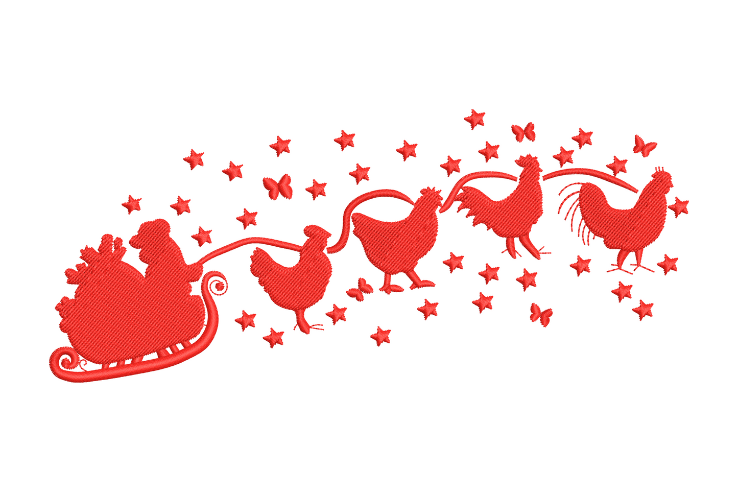 Santa sleigh pulled by roosters embroidery design, red silhouette, wide horizontal format, stars, single color
