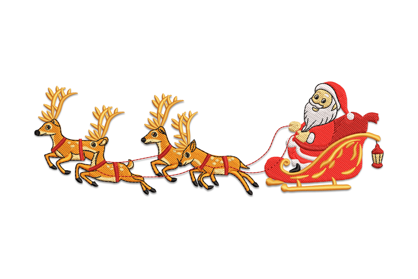 Santa sleigh reindeer embroidery design silhouette in red, brown and gold tones against white, tall narrow portrait format with classic christmas-eve feel.
