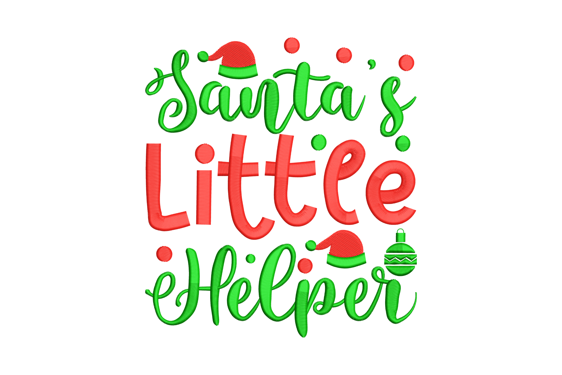 Santa's Little Helper embroidery design with green cursive top and bottom lines, red block-fill middle, elf hat accent and christmas ornament icon.