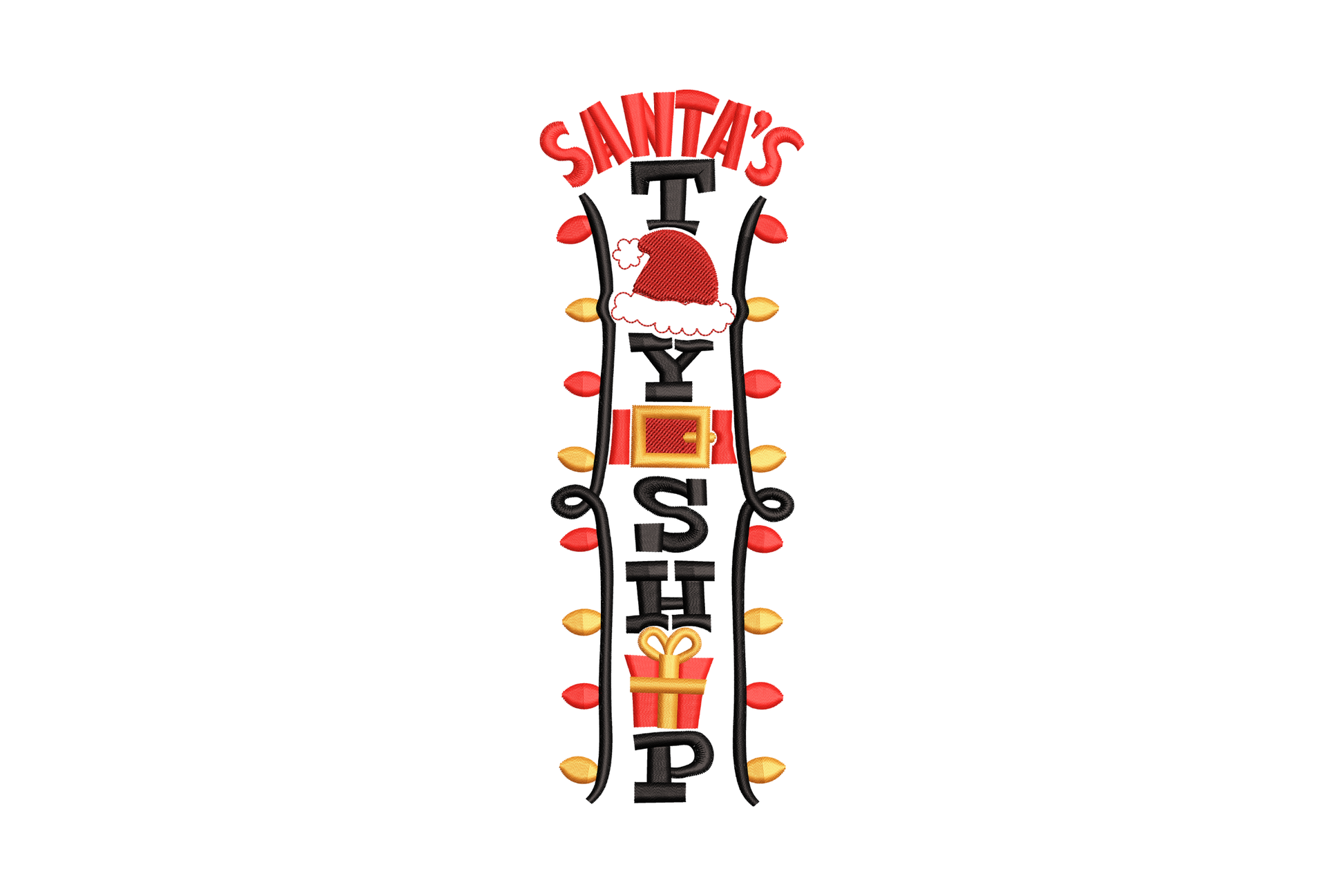 Vertical Santa's Toy Shop embroidery design with satin arc SANTA'S lettering, santa hat on the T, orange gift box centre, stacked TOY SHOP text, and tall curving bracket borders with dot accents in red, orange and black