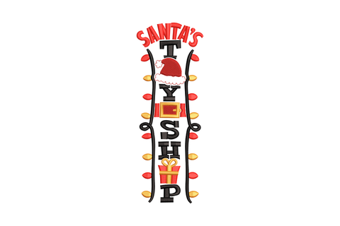 Vertical Santa's Toy Shop embroidery design with satin arc SANTA'S lettering, santa hat on the T, orange gift box centre, stacked TOY SHOP text, and tall curving bracket borders with dot accents in red, orange and black