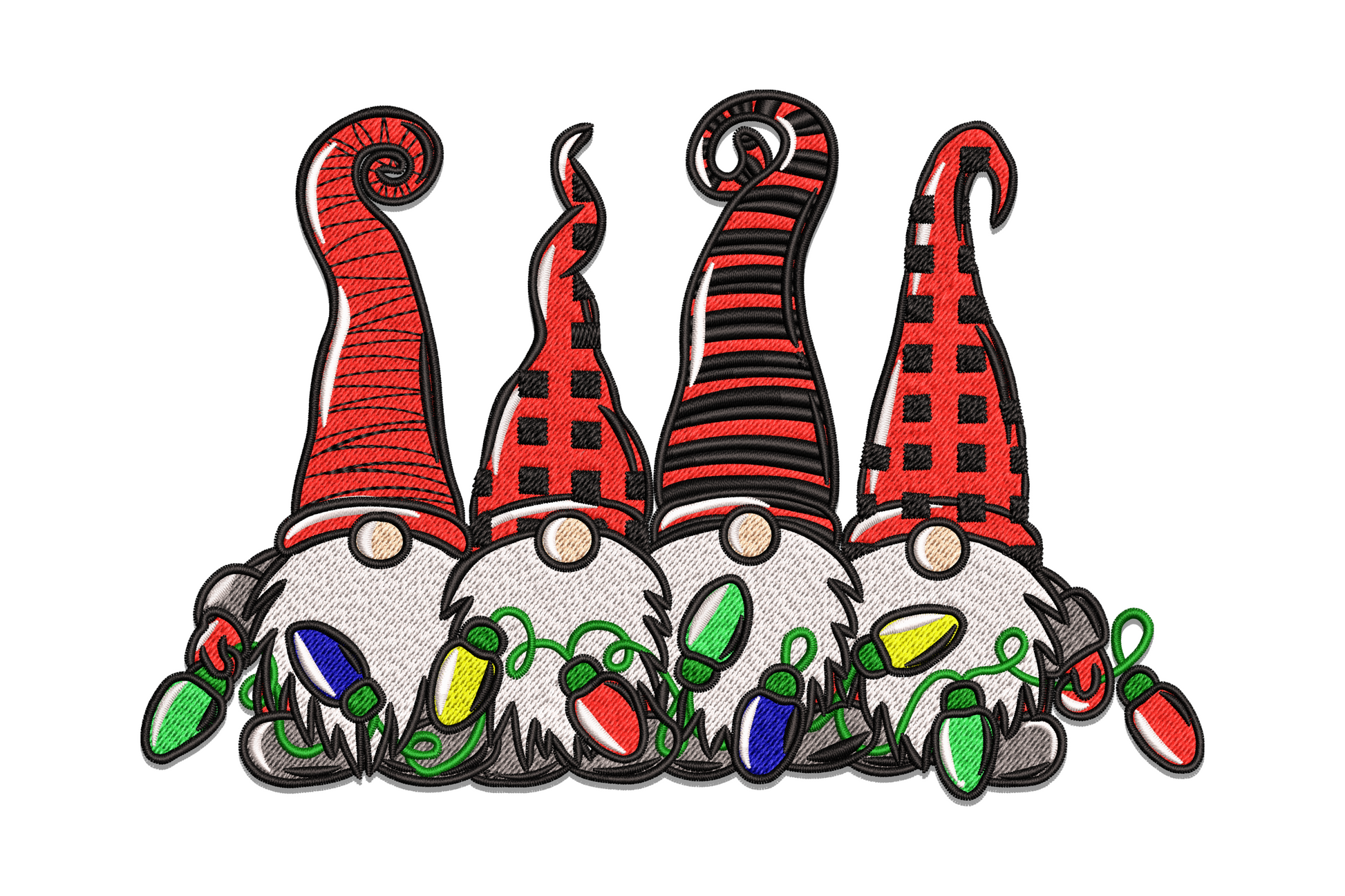 Scandinavian gnomes embroidery, four gnomes in buffalo plaid hats with colorful string lights in a wide row