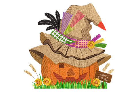 Jack o lantern pumpkin wearing a floppy burlap scarecrow hat with feathers and plaid ribbon, sunflowers and wheat stalks at base on green grass, farmhouse halloween embroidery