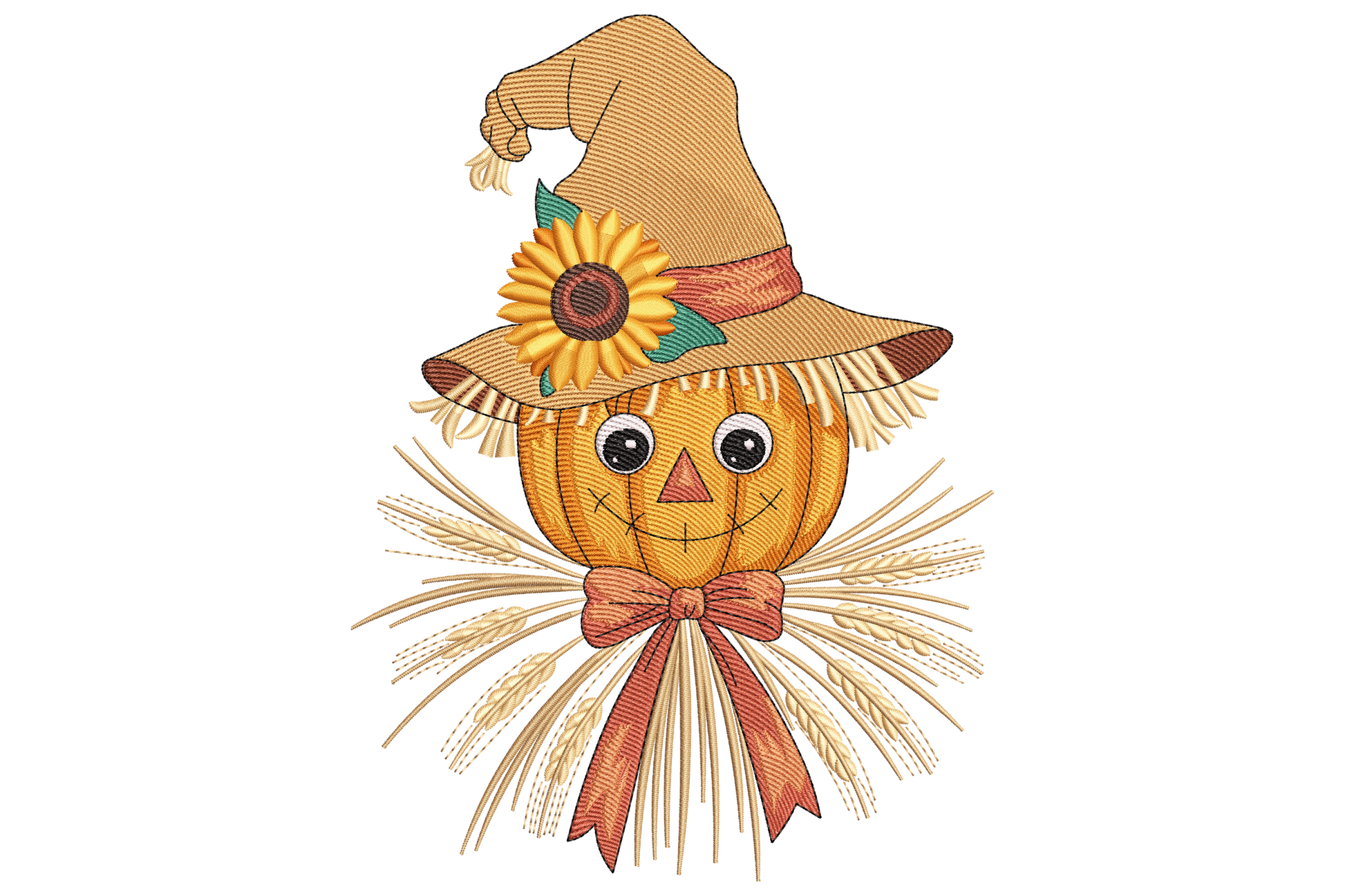 Scarecrow pumpkin embroidery design with cute face, brown hat, yellow sunflower, raffia straw hair and orange ribbon bow.