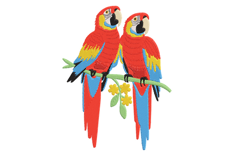 Scarlet macaw parrot embroidery, side perch view, red body, yellow-green wings, cobalt tail, cream beak, 9 colours.