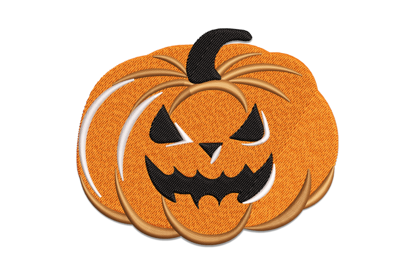 Machine embroidery design of a round orange halloween pumpkin with sinister slanted eyes and jagged white-toothed sneer mouth