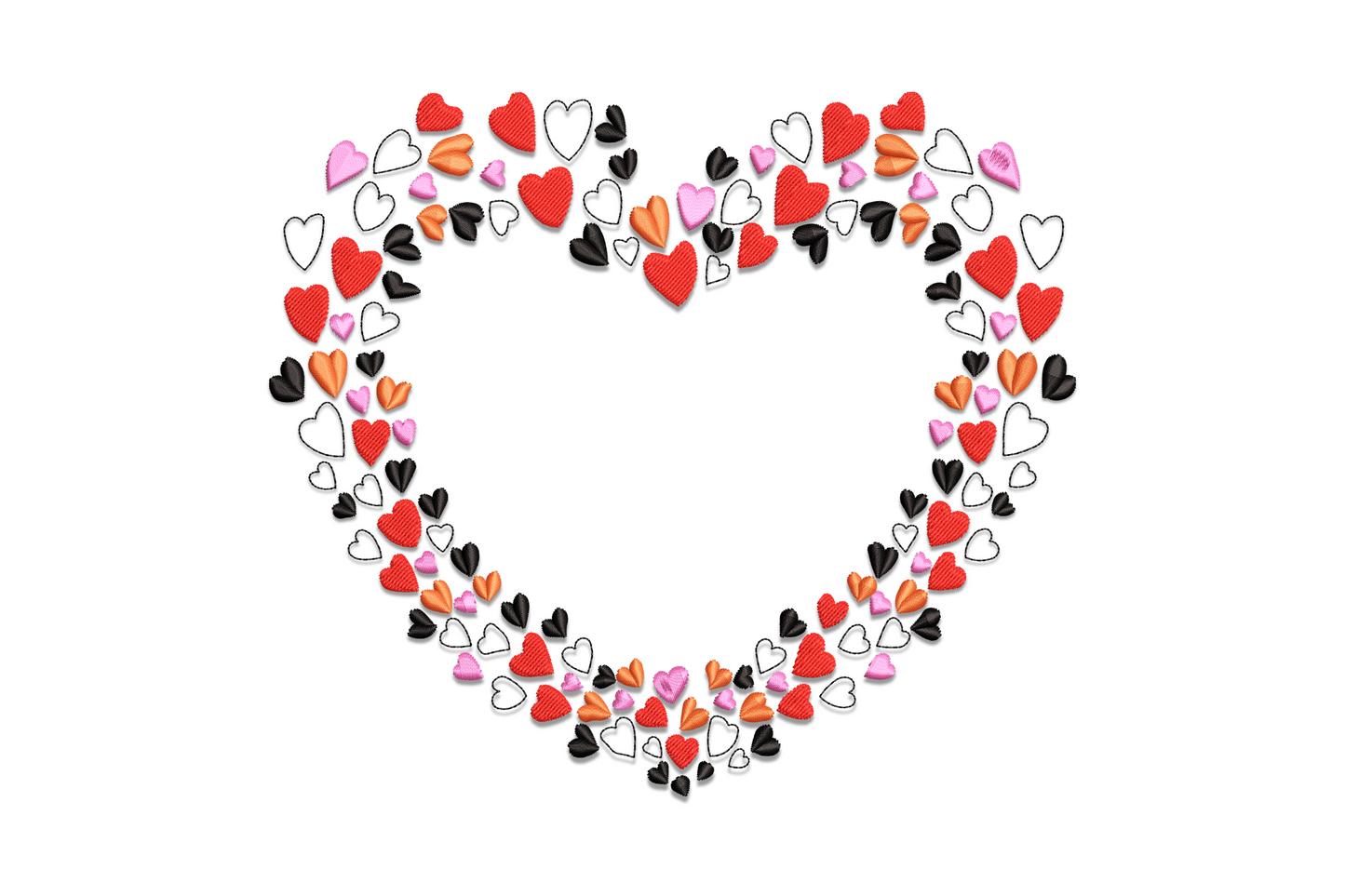 Scattered hearts border frame embroidery in red, hot pink, light pink and white, airy tumbling hearts on cream fabric
