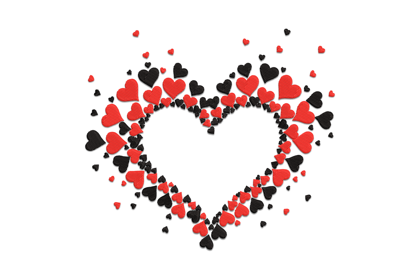 Scattered hearts frame embroidery, oval ring of mixed-size red hearts with open centre, 2 colours, valentine.