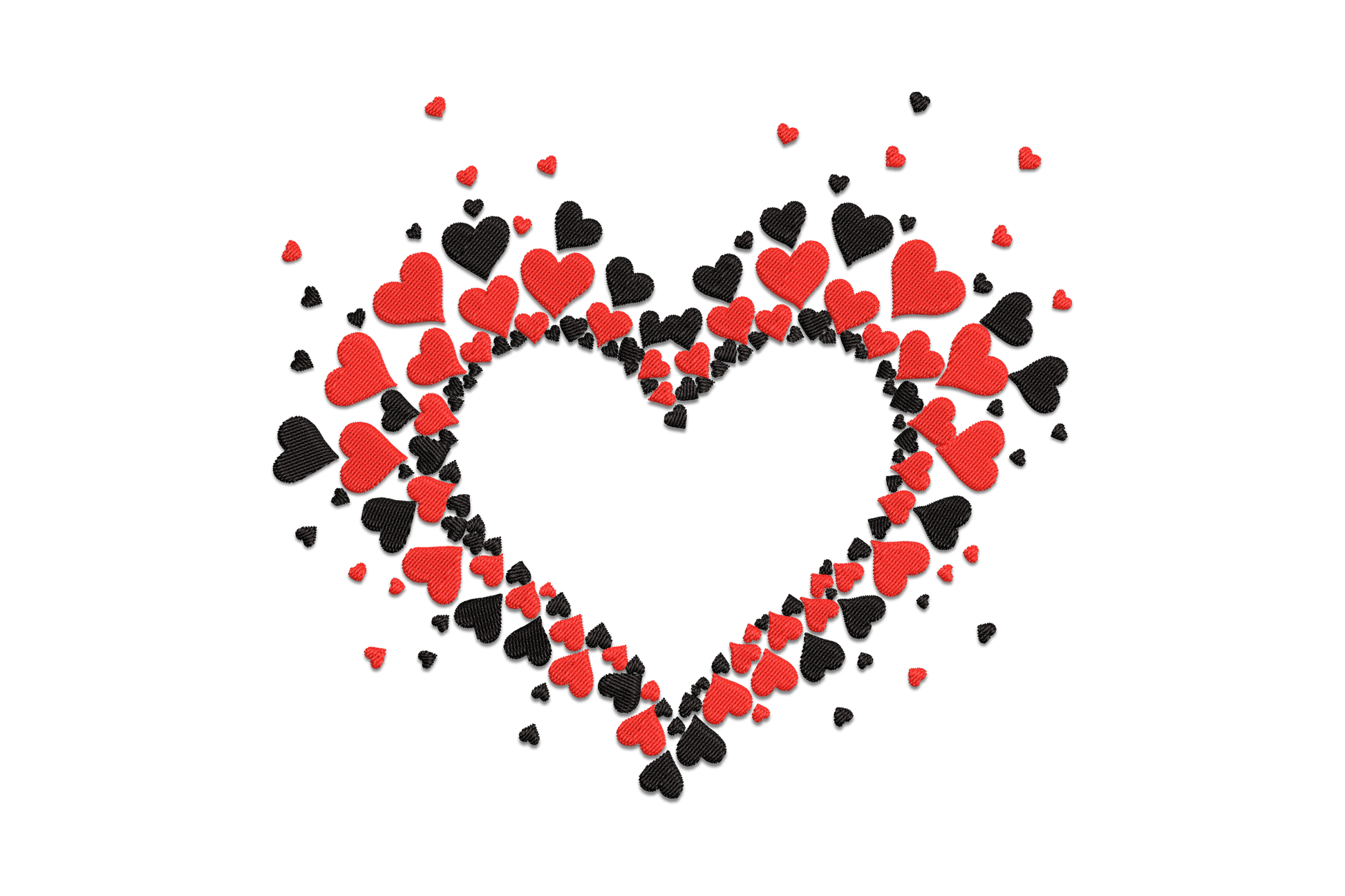 Scattered hearts frame embroidery, oval ring of mixed-size red hearts with open centre, 2 colours, valentine.