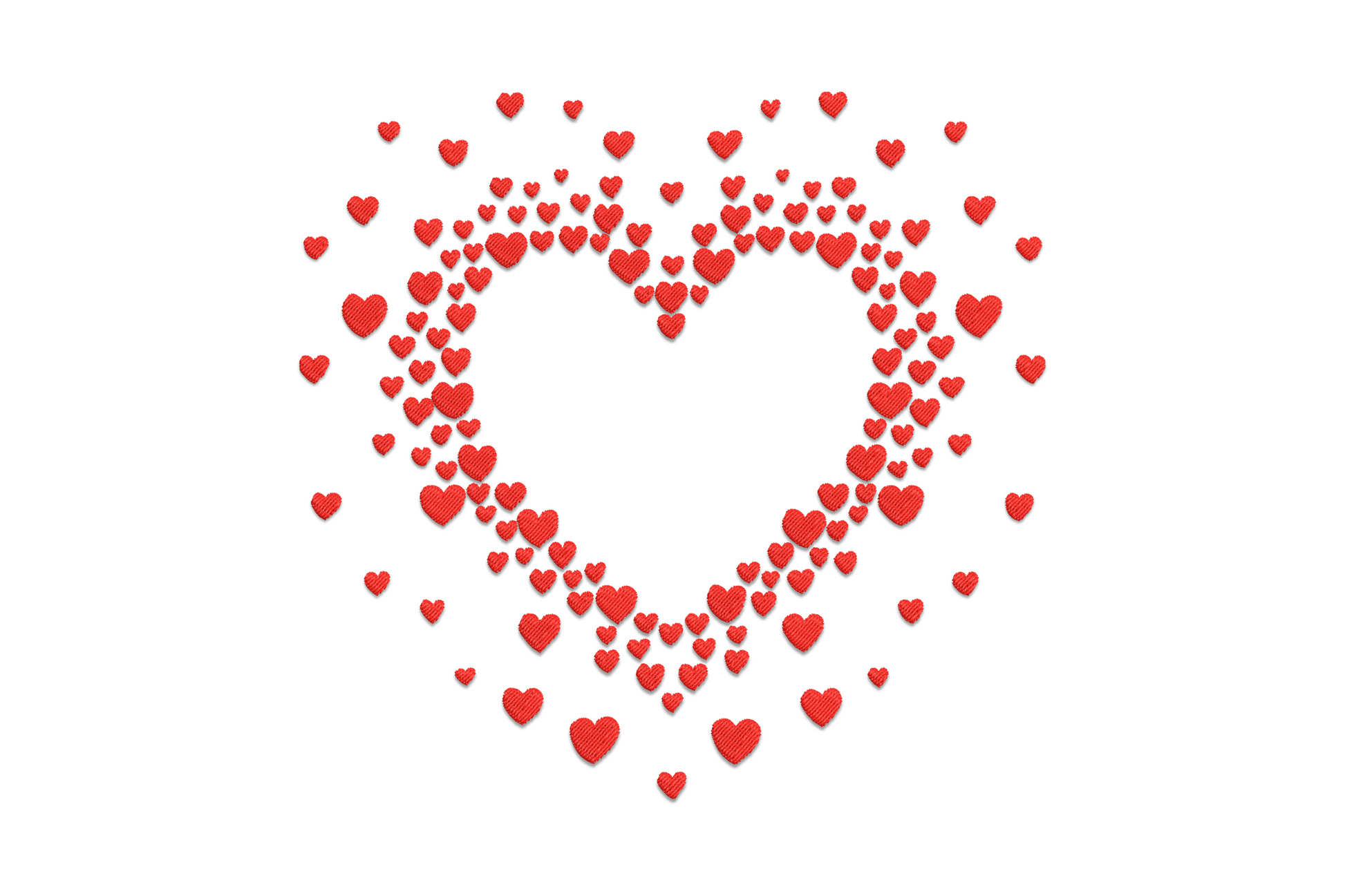Machine embroidery rectangular frame of irregularly scattered hearts in single red thread with open center on white fabric