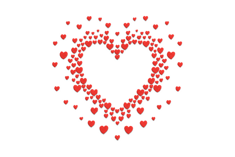 Machine embroidery rectangular frame of irregularly scattered hearts in single red thread with open center on white fabric