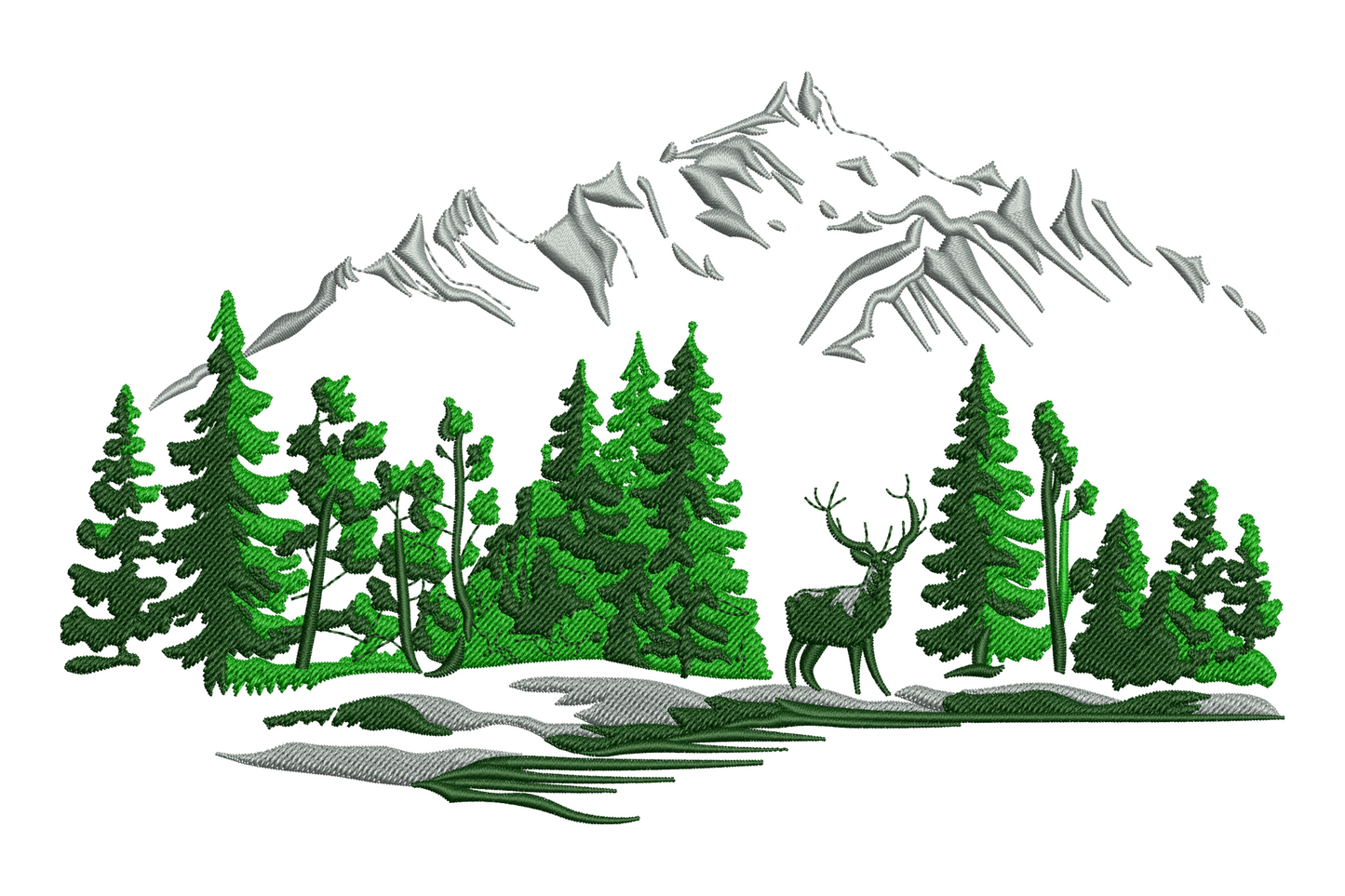 Scenic mountain forest embroidery design with layered pine trees in 4 shades of green and a slate peak with cream snow cap.