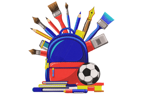 School backpack embroidery design with blue red bag, paintbrushes, pencils, fountain pen, soccer ball and textbooks.