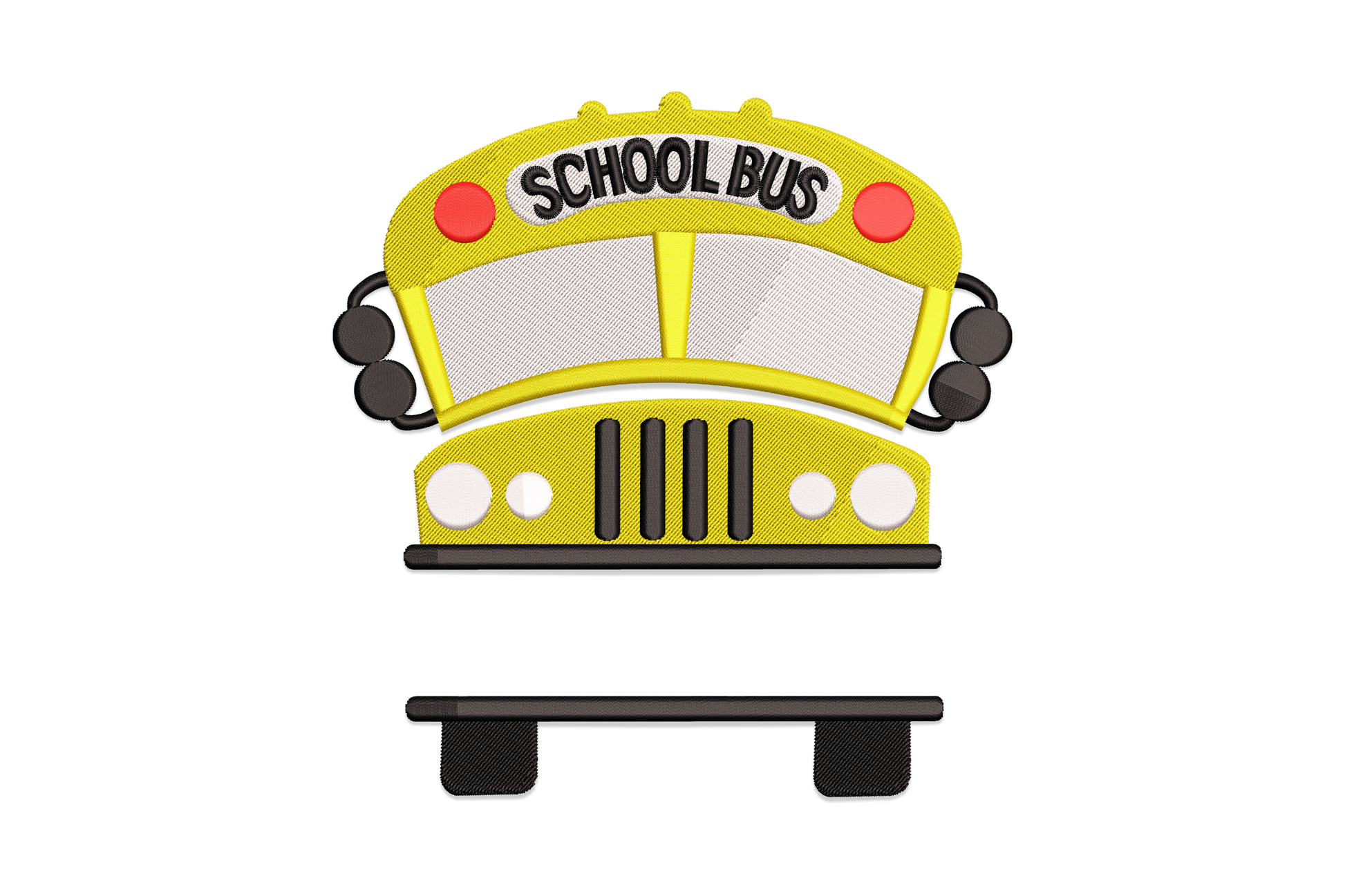 School bus embroidery design, yellow and black side-profile cartoon with windows and wheels on white background