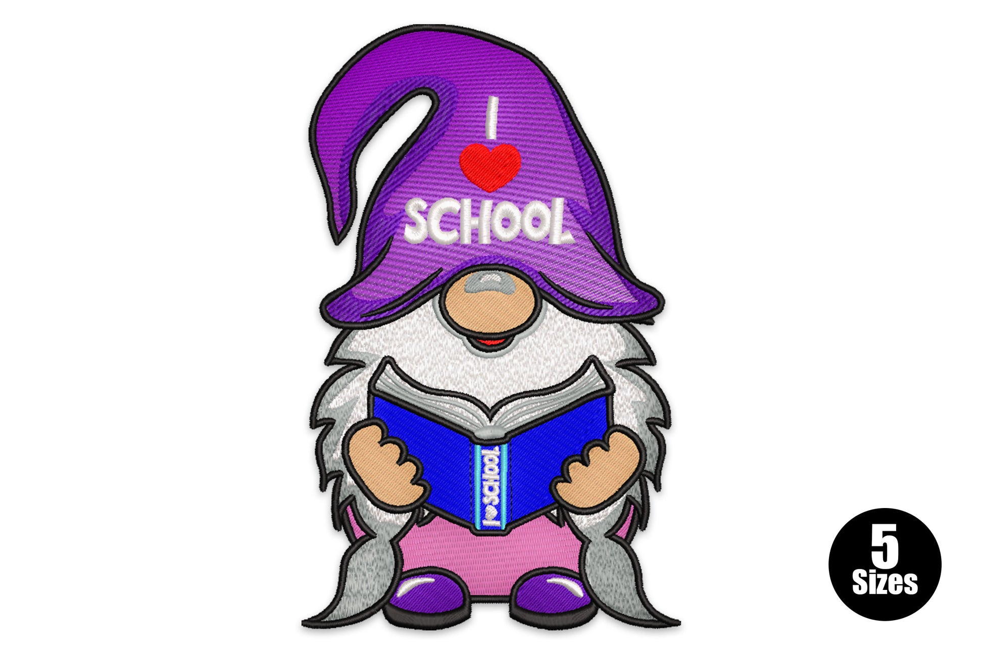 Embroidery of a school gnome with a tall purple hat reading 'I love SCHOOL', holding a blue textbook, with fluffy grey beard and pink shorts.
