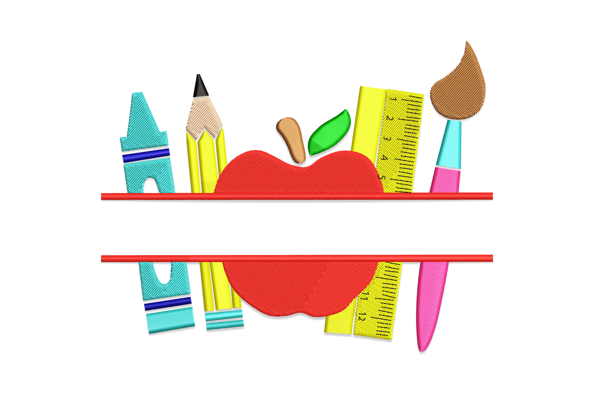 School supplies apple machine embroidery design, detailed apple filled with pencils ruler and books, 9 colours, 5 sizes from 2.38 to 5.56 inches